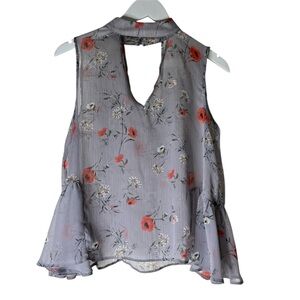 PRIMARK ATMOSPHERE Semi Sheer Boho Laser Cut High Neck Floral Blouse Grey Size 6